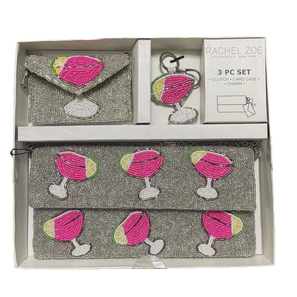 Rachel Zoe 3 Pc‎ Set Beaded Pink Margarita Clutch Card Case Charm NIB Gift Girl